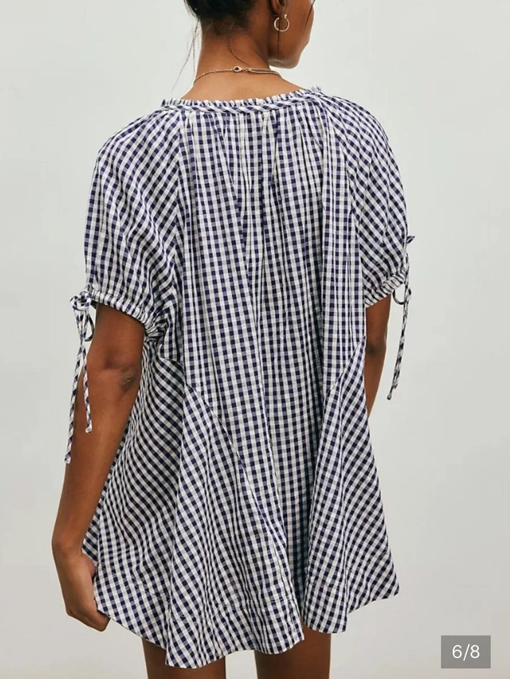 Free People Size XL Navy & White Gingham Tie-Sleeve Peasant Blouse NWT